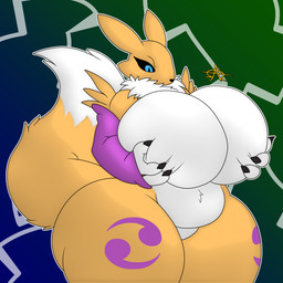 anthro belly big_breasts black_sclera blue_eyes breast_grab breasts chest_tuft countershade_breasts countershade_torso countershading dipstick_tail double_tomoe eyelashes featureless_breasts featureless_crotch female fur hand_on_breast huge_breasts huge_thighs hyper hyper_breasts hyper_thighs leg_markings markings slightly_chubby solo tail tail_markings thick_thighs thigh_markings tomoe_(symbol) tuft white_body white_fur wide_hips yellow_body yellow_fur yin_yang omegadragon11_(artist) bandai_namco digimon digimon_(species) renamon 1:1 2026 digital_drawing_(artwork) digital_media_(artwork) hi_res