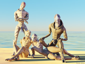 beach erection female genitals group holding_penis kneeling looking_at_viewer lying male nude on_one_knee on_side penis sitting smile standing tongue tongue_out vulva scoota bioware electronic_arts mass_effect alien turian 3d_(artwork) 4:3 absurd_res digital_media_(artwork) hi_res