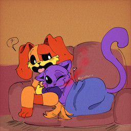 anthro bedding blanket duo furniture heart_symbol looking_at_another male open_mouth question_mark red_smoke smile smoke sofa tail tail_motion tailwag tongue hutis9hutis mob_entertainment poppy_playtime smiling_critters catnap_(poppy_playtime) dogday_(poppy_playtime) canid canine canis critters_(poppy_playtime) domestic_cat domestic_dog felid feline felis mammal 1:1 2024 hi_res