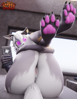 anthro anus bed big_butt butt ear_piercing electronics eyewear female furniture genitals glasses holding_both_legs looking_at_viewer paws phone piercing solo tail vulva window shachath3d epic_games fortnite wolfie_(fortnite) canid canine canis mammal wolf 3d_(artwork) absurd_res digital_media_(artwork) hi_res