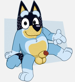 3_toes 4_fingers anthro balls black_body black_fur blue_body blue_fur chest_tuft erection feet fingers fur genitals gesture hand_gesture humanoid_genitalia humanoid_penis looking_at_viewer male mature_anthro mature_male nude penis pointing raised_leg simple_background sitting smile solo toes tuft white_body white_fur yellow_body yellow_fur neenya bluey_(series) bandit_heeler australian_cattle_dog canid canine canis cattledog domestic_dog herding_dog mammal pastoral_dog hi_res