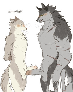 anthro balls black_nose blush blush_lines bodily_fluids brown_body brown_fur brown_nose comparing comparing_penis duo erection facial_scar fluffy fluffy_tail foreskin frottage fur genital_fluids genitals grey_body grey_fur humanoid_genitalia humanoid_penis kemono leaking_precum male male/male no_pupils nude nude_anthro nude_male penile penis penis_size_comparison penis_size_difference penises_touching pointy_ears precum scar scars_all_over sex sweat sweatdrop tail tan_body tan_fur white_body white_fur lovebuffpg45 canid canine canis mammal wolf absurd_res hi_res