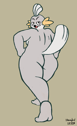 anthro butt contrapposto feet grey_body hands_on_hips huge_male looking_at_viewer looking_back looking_back_at_viewer male moobs nude nude_male sassy solo tail walking walking_away honeybud nintendo pokemon neuro_(character) generation_3_pokemon mudkip pokemon_(species) absurd_res hi_res