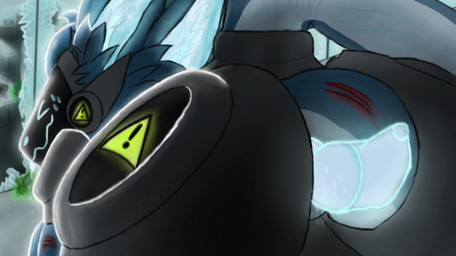 anal anal_penetration anthro blood blue_body blue_eyes blue_fur blue_penis bodily_fluids broken_glass butt butt_focus city city_background city_destruction destruction duo female fur genital_fluids genitals glass glowing glowing_genitalia glowing_penis intersex intersex/male machine male male/female male/male penetration penis precum sex_toy solo wounded fluffy_hybrid protogen digital_media_(artwork)