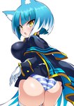 big_breasts blue_hair bottomwear breasts butt clothing female hair panties pattern_bottomwear pattern_clothing pattern_panties pattern_underwear rear_view short_stack simple_background solo striped_bottomwear striped_clothing striped_panties striped_underwear stripes thick_thighs underwear white_background simejinameko bombergirl bomberman konami asagi_(bombergirl) animal_humanoid canid canid_humanoid canine canine_humanoid humanoid mammal mammal_humanoid wolf_humanoid absurd_res hi_res