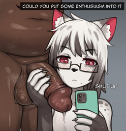 anthro balls big_balls black_penis bodily_fluids bored bored_sex cellphone circumcised claws dark_body dark_skin disinterested dripping duo ear_tuft electronics eyewear female freckles fur genital_fluids genitals glasses grey_highlights hair handjob highlights_(coloring) human_on_anthro interspecies looking_at_object looking_at_phone male male/female male_on_anthro penile penis phone precum precum_drip red_ears sex shut_up slightly_chubby slightly_chubby_male smartphone speech_bubble sweat sweaty_genitalia sweaty_penis text tuft wearing_glasses white_body white_fur white_hair conditional_dnp puppyemonade human humanoid mammal species_request character_request english_text