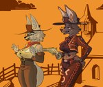 anthro chaps clothed clothing cowboy duo female gun handgun hat headgear headwear kerchief neckerchief ranged_weapon revolver simple_background weapon titanogoro canid canine mammal absurd_res hi_res