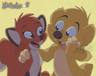 blue_eyes duo female feral fur hand_on_shoulder lit_from_behind male multicolored_body multicolored_fur red_body red_fur romantic romantic_couple simple_background toony two_tone_body two_tone_fur yellow_body yellow_fur young ashtheraccoon jungledyret_hugo hugo_(jungledyret) rita_(jungledyret) canid canine fantasy_creature fox mammal digital_media_(artwork) hi_res