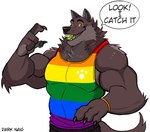 anthro ball ball_in_mouth biceps big_muscles bottomwear bracelet claws clothing dialogue eyebrows fur gesture hand_gesture happy jewelry lgbt_pride male multicolored_clothing multicolored_shirt multicolored_tank_top multicolored_topwear muscular muscular_anthro muscular_male pattern_clothing pecs pointing pride_color_clothing pride_color_shirt pride_color_tank_top pride_color_topwear pride_colors rainbow_pride_colors shirt simple_background six-stripe_rainbow_pride_colors smile solo standing striped_clothing stripes tank_top teeth tennis_ball text topwear tuft white_background darknaigart canid canine canis mammal wolf 2022 absurd_res artist_name english_text hi_res