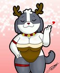 anthro bell big_breasts breasts clothing fake_antlers fake_horns female finger_heart fur grey_body grey_fur grey_tail holiday_clothing holidays multicolored_body multicolored_fur narrowed_eyes short_stack simple_background smile solo tail thick_thighs two_tone_body two_tone_fur white_body white_fur d13w0tt_(artist) dogs_in_space netflix nomi_(dogs_in_space) canid canine canis domestic_dog mammal shih_tzu toy_dog 5:6 hi_res