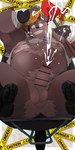 anthro armor balls belly big_belly bodily_fluids cum ejaculation erection genital_fluids genitals hard_hat headgear helmet kemono male moobs nipples overweight overweight_male penis solo dumdum canid canine mammal 2023 absurd_res censored hi_res