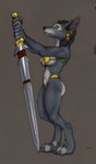 4_fingers anthro armor athletic athletic_anthro athletic_female bikini_armor black_hair blizzard_entertainment blue_eyes bluedraggy breasts canid claws clothed clothing color_edit colored dewclaw digitigrade ear_piercing ear_ring ecmajor female fingers full-length_portrait fur gold_ring greatsword grey_background grey_claws hair hi_res holding_melee_weapon holding_object holding_sword holding_weapon looking_aside looking_at_viewer mammal melee_weapon navel notched_ear oversized_weapon piercing portrait ring_piercing short_hair side_view simple_background skimpy snout solo sword tailless third-party_edit thong unconvincing_armor underwear warcraft warrior weapon were werecanid worgen