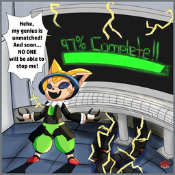 anthro black_clothing black_jacket black_topwear border bottomwear clothing computer computer_keyboard electricity electronics evil_laugh floor frayed_wire green_bottomwear green_clothing green_pants grey_border holographic_eyes jacket lightning loading_bar loading_screen machine male metallic_body pants text tile tile_floor topwear sinisterslyfox nintendo pokemon android generation_5_pokemon legendary_pokemon pokemon_(species) robot victini 1:1 english_description english_text hi_res