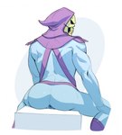 anus blue_body bone butt butt_focus clothing hood looking_back male muscular muscular_humanoid muscular_male not_furry purple_clothing rear_view simple_background sitting skull skull_head solo nixxxbot masters_of_the_universe mattel skeletor humanoid hi_res