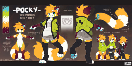 4_toes 5_fingers anthro biped blue_eyes bottomwear butt clothed clothed_anthro clothed_female clothing countershade_torso countershading eyes_closed feet female fingers front_view fully_clothed fully_clothed_anthro fully_clothed_female fur hair hoodie legwear looking_at_viewer looking_down markings navel nude nude_anthro nude_female open_clothing open_topwear orange_body orange_fur orange_hair orange_tail pants rear_view shirt smile solo standing striped_markings striped_tail stripes t-shirt tail tail_markings thigh_highs toes topwear jinxit pocky_(jinxit) ailurid mammal red_panda 2025 digital_drawing_(artwork) digital_media_(artwork) hi_res model_sheet