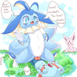 3_toes ambiguous_gender being_watched belly blue_body blue_eyes blue_fur blue_skin blush bodily_fluids clitoris countershade_belly countershading covering covering_face cowgirl_position dialogue duo_focus ears_up feet female female_on_top female_penetrated feral feral_on_feral feral_penetrated feral_penetrating feral_penetrating_feral fluffy fluffy_ears fluffy_tail forked_tail from_front_position fur genital_fluids genitals grass group interspecies kemono knot larger_penetrated looking_at_another lying male male/female male_penetrating male_penetrating_female navel on_back on_bottom on_top one_eye_closed open_mouth outside penetration penile penile_penetration penis plant purple_body purple_fur quadruped question_mark red_eyes sex sitting size_difference speech_bubble tail teasing text toes tongue unusual_anatomy unusual_tail vaginal vaginal_fluids vaginal_penetration vertical_bar_eyes vulva white_belly white_body white_countershading white_skin young plattyneko nintendo pokemon fan_character flur_(character) neve_(plattyneko) squish_vaporeon eeveelution espeon generation_1_pokemon generation_2_pokemon generation_4_pokemon pokemon_(species) shinx vaporeon 1:1 2019 absurd_res digital_media_(artwork) english_text hi_res unavailable_at_source