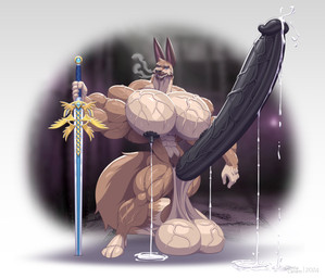 abs anthro areola balls beard biceps big_balls big_muscles big_nipples big_pecs big_penis black_areola black_nipples black_penis blue_eyes blush bodily_fluids cum cum_drip dripping drooling erection facial_hair genital_fluids genitals huge_balls huge_pecs huge_penis humanoid_genitalia humanoid_penis hyper lactating looking_at_viewer male male_lactation melee_weapon milk_drip milk_stream muscular muscular_anthro muscular_male mustache nipples nude pecs penis pose pubes saggy_balls saliva solo steamy_breath sweat sword vein veiny_balls veiny_muscles veiny_pecs veiny_penis weapon wolfiecanem wolfie_canem canid canine canis hybrid lagomorph leporid mammal rabbit wolf 2024 absurd_res dated hi_res signature