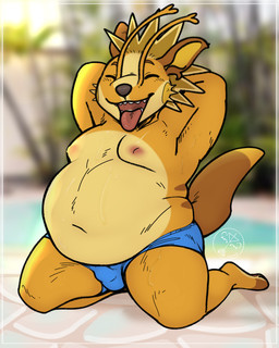 anthro biped bodily_fluids bulge clothing detailed_bulge genital_outline happy male male_anthro overweight overweight_anthro overweight_male penis_outline poolside pose posing_for_the_viewer solo sweat swimming_pool swimming_trunks swimwear tongue tongue_out wet wet_body wet_clothing agavegator disney lilo_and_stitch nintendo pokemon alien canid experiment_(lilo_and_stitch) generation_1_pokemon mammal pokemon_(species) raichu 4:5
