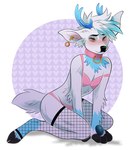 anthro antlers blue_antlers blue_hair blue_markings bra clothed clothing crossdressing ear_piercing femboy fishnet_clothing fishnet_legwear fur glistening glistening_eyes hair horn kneeling legwear male markings mouth_closed multicolored_hair narrowed_eyes orange_eyes panties pattern_background piercing pink_bra pink_clothing pink_panties pink_underwear simple_background solo tail two_tone_hair underwear unusual_piercing white_body white_ears white_fur white_hair white_tail princelykaden deer mammal full-length_portrait hi_res portrait