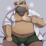 anthro belly blush bodily_fluids brown_body brown_fur bulge clothed clothing fur genital_fluids kemono male moobs nipples open_clothing open_shirt open_topwear overweight overweight_anthro overweight_male precum shirt sitting solo topwear underwear emufu canid canine canis domestic_dog mammal 1:1 2014