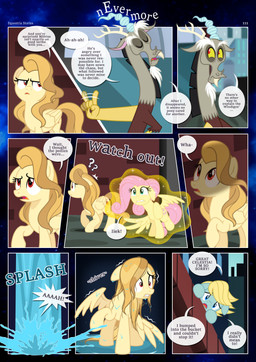 accident annoyed anthro apology building cutie_mark female feral finger_wag frown glowing group magic male outside puddle question_mark red_eyes soaked soaking_wet splash splashing_water text wet wet_body wet_wings yellow_glow estories friendship_is_magic hasbro my_little_pony alice_goldenfeather_(estories) discord_(mlp) fluttershy_(mlp) chimera draconequus equid equine mammal absurd_res english_text hi_res