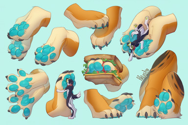 4_toes ambiguous/ambiguous ambiguous_anthro ambiguous_gender anthro barefoot blue_background blue_pawpads brown_body brown_fur claws duo extreme_size_difference feet food food_fetish food_on_feet food_play foot_fetish foot_focus foot_hug foot_play foot_shot fur hindpaw hug hugging_foot lying lying_on_feet micro micro_anthro micro_on_foot micro_on_paw multicolored_body multicolored_fur on_feet on_front paw_hug paw_shot pawpads paws paws_only sandwich_(food) simple_background sitting size_difference spread_toes standing tan_body tan_fur toe_claws toes akysha canid canine canis domestic_dog mammal hi_res