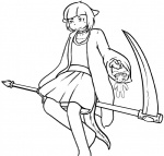 anthro biped bittersweet_candy_bowl bottomwear clothed clothing domestic_cat felid feline felis female grin justin_(bcb) mammal melee_weapon molly_(bcb) monochrome polearm radial_(artist) scythe sharp_teeth simple_background sitting skirt smile solo tail teeth weapon white_background