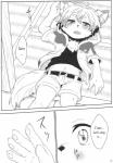 anthro black_and_white blush canid canine clothed clothing comic dialogue english_text fully_clothed hi_res inakagurashi inner_ear_fluff kemono lying male mammal midriff monochrome open_mouth text tuft young young_anthro