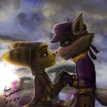 anthro duo hand_holding male male/male nose_to_nose planet stare sunrise sean_serpentine ratchet_and_clank sly_cooper_(series) sony_corporation sony_interactive_entertainment sucker_punch_productions ratchet_(ratchet_and_clank) sly_cooper lombax mammal procyonid raccoon 1:1 2020 absurd_res hi_res