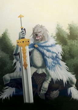 anthro armor blade cape clothed clothing fangs fingers fur grey_body looking_at_viewer male melee_weapon open_mouth purple_eyes scar solo spread_legs spreading sword teeth weapon sammaeel elden_ring fromsoftware blaidd_(elden_ring) canid canine canis mammal wolf absurd_res hi_res