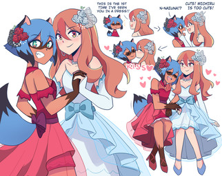 anthro black_body black_fur black_hair black_nose blue_body blue_eyes blue_fur blue_hair blush breasts brown_body brown_fur clothed clothing compliment contextual_arrow dialogue directional_arrow dress duo exclamation_point female female/female female_on_anthro female_on_human fluffy fluffy_tail footwear fur hair heart_symbol high_heels human_on_anthro interlocked_fingers interspecies kissing kissing_sound_effect long_hair looking_at_viewer multicolored_body multicolored_fur multicolored_hair multiple_positions name_drop name_in_dialogue name_stutter onomatopoeia red_eyes sequential_arrow shoes small_breasts sound_effects stuttering tail talking_to_another talking_to_partner text poptrt brand_new_animal studio_trigger michiru_kagemori nazuna_hiwatashi canid canine human mammal raccoon_dog tanuki absurd_res english_text hi_res