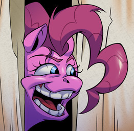 blue_eyes eyelashes female hair looking_aside open_mouth pink_body pink_hair smile solo teeth anthony_loiacono friendship_is_magic hasbro here's_johnny_(meme) my_little_pony stephen_king_(copyright) the_shining pinkie_pie_(mlp) equid equine horse mammal pony 2025 digital_media_(artwork) meme portrait