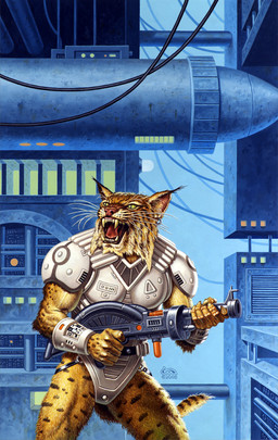 5_fingers anthro armor brown_body brown_fur ear_piercing ear_ring fingers front_view fur gun holding_gun holding_object holding_ranged_weapon holding_weapon looking_aside male open_mouth piercing ranged_weapon ring_piercing science_fiction solo tail weapon whiskers white_armor wire clyde_caldwell felid feline lynx mammal 2008 hi_res official_art traditional_media_(artwork)