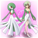 1:1 2011 alternate_species blush breasts cleavage clothed clothing cosplay costume dress duo female footwear front_slit front_slit_clothing front_slit_dress gardevoir generation_3_pokemon green_body green_hair hair high_heels human humanized looking_at_viewer mammal nintendo open_mouth panties pokemon pokemon_(species) pokemon_costume ranphafranboise red_eyes shoes short_hair standing underwear upskirt white_body white_clothing white_panties white_underwear