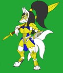 3_tails anthro armor biped black_hair breasts ear_piercing ear_ring female fur green_background hair melee_weapon multi_tail piercing polearm ring_piercing simple_background solo spear standing tail weapon white_body white_fur goliathcpg canid canine fox mammal 2021