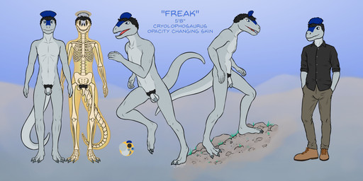 3_toes alternate_form anthro balls biped black_hair blue_eyes blue_stripe bone bone_frill bottomwear circumcised clothing collared_shirt countershade_torso countershading dress_shirt featureless_chest feet flaccid footwear frill_(anatomy) genitals glans hair humanoid_genitalia humanoid_penis male male_anthro multicolored_body multiple_poses navel nude pants penis plantigrade pose pubes realistic_anatomy realistic_penis_size scales shirt shoes skeleton solo tail text toes topwear translucent translucent_body dawnlux freak_(5up3rfr34k) cryolophosaurus dinosaur prehistoric_species reptile saurischian scalie theropod 2:1 absurd_res english_text hi_res