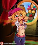 anthro areola beanie being_watched blonde_hair blush breasts clothing exclamation_point female green_eyes group hair hat headgear headwear looking_at_another male mask navel nipples text trio undressing window enf-lover activision crash_bandicoot_(series) aku_aku coco_bandicoot crash_bandicoot totally_tubular_coco animate_inanimate bandicoot living_clothing living_mask mammal marsupial 2020 hi_res url brother_(lore) brother_and_sister_(lore) sibling_(lore) sister_(lore)