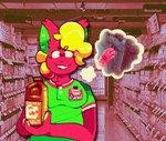 anthro black_eyes blonde_hair clothing employee employee_uniform exclamation_point female front_view fur green_clothing green_shirt green_t-shirt green_topwear grocery_store gun hair heart_(marking) heart_symbol holding_object inside looking_at_viewer markings milk milk_container milk_jug multicolored_clothing multicolored_shirt multicolored_t-shirt multicolored_topwear name_tag pink_body pink_clothing pink_ears pink_fur pink_nose pink_shirt pink_t-shirt pink_topwear ranged_weapon shirt smile solo standing t-shirt teeth text thought_bubble topwear weapon white_clothing white_shirt white_t-shirt white_topwear datbx chimera domestic_cat felid feline felis hybrid mammal reptile scalie snake 2023 digital_media_(artwork) english_text