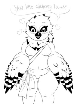 anthro backpack beak black_body black_feathers black_sclera blush breasts eyewear feathered_wings feathers female glasses heart_symbol looking_at_viewer non-mammal_breasts open_mouth sash simple_background solo thick_thighs white_body white_feathers wide_hips wings alfa995 amelia_abernachy avian bird horned_owl owl snowy_owl true_owl 2016 monochrome