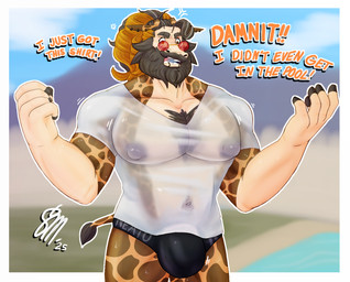 abs adam's_apple anthro beard big_bulge black_jewelry black_nipples bodily_fluids body_hair bottomwear brown_eyes bulge clothed clothing curly_hair ear_piercing eye_scar eyewear facial_hair facial_piercing facial_scar fingers fur grey_hair hair happy_trail hooved_fingers hooves jewelry lip_piercing long_beard male markings mole_under_eye musclegut muscular muscular_anthro muscular_male mustache nipples partially_clothed pecs piercing ponytail pool pubes red_bottomwear red_clothing scar sky solo speedo spots spotted_body spotted_fur sunglasses sweat sweaty_body swimwear tall text translucent translucent_clothing wet wet_clothing starmoral mora_giraffe_(starmoral) hi_res