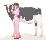 animal_genitalia balls blush bodily_fluids bovid bovine brown_eyes brown_hair cattle clothing cygames duo ear_piercing ear_tag female feral fully_sheathed genitals gloves hair handwear human idolmaster idolmaster_cinderella_girls jumpsuit male mammal oikawa_shizuku piercing quadruped sheath short_hair sweat third-party_edit xxzero