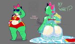 anthro big_butt butt cellulite clothing eyewear female green_body solo sunglasses swimming_trunks swimwear text wet whistle_(object) justelm25 brawl_stars supercell_(company) buzz_(brawl_stars) dinosaur prehistoric_species reptile scalie absurd_res english_text hi_res