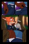 2017 akiric anthro belt bulletproof_vest canid canine clothed clothing comic disney duo english_text eye_contact female fox hand_in_pants in_heat judy_hopps lagomorph leporid looking_at_another male male/female mammal nick_wilde onomatopoeia outside panties plant police police_uniform rabbit red_fox rubbing sex smell sound_effects text tree true_fox underwear uniform utility_belt zootopia