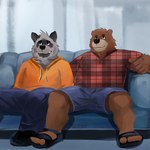 anthro bottomwear brown_body clothing duo furniture grey_body hoodie male overweight overweight_male pants shirt sitting sofa topwear uiojk password_(visual_novel) dave_(password) dean_(password) bear brown_bear hyena mammal striped_hyena ursine 1:1 2022 hi_res