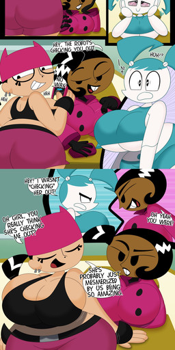 big_breasts big_butt blush breasts butt crush dialogue female female/female group heart_symbol machine text trio 3barts my_life_as_a_teenage_robot nickelodeon brit_crust jenny_wakeman tiff_crust human humanoid mammal robot absurd_res comic english_text hi_res