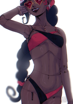 bikini braided_hair breasts clothed clothing doll doll_joints eyewear fangs female hair lips nipple_outline not_furry simple_background smile solo sunglasses swimwear teeth two-piece_swimsuit blackberreh hazbin_hotel hellaverse velvette_(hazbin_hotel) animate_inanimate demon demon_humanoid humanoid living_doll mammal digital_media_(artwork) hi_res