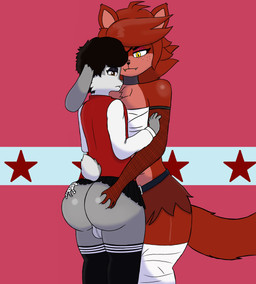 anthro balls big_breasts big_butt black_hair breasts brown_eyes butt clothing duo female female_anthro femboy fluffy fluffy_tail footwear fur genitals grey_body grey_fur hair hand_on_butt huge_butt long_ears looking_back machine male male/female male_anthro red_body red_fur red_hair smile socks tail tail_tuft touching_butt tuft yellow_eyes ivolflobogris fazclaire's_nightclub five_nights_at_freddy's fredina's_nightclub scottgames fexa_(cryptiacurves) ivolf_(character) ivuns_(character) animatronic canid canine fox lagomorph leporid mammal rabbit robot absurd_res hi_res