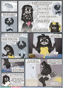 anthro bathing clothed clothing diaper diaper_only duo female male male/female shower showering soap_bubbles text topless towel wearing_diaper the_padded_room esmeralda_kingsley theodore_reed mammal mephitid procyonid raccoon skunk absurd_res comic english_text hi_res