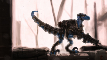 anthro armor backpack biped claws clothed clothing eyewear forest gloves goggles gun handwear male military outside plant post-apocalyptic ranged_weapon rubble ruins simple_background solo toe_claws tree weapon fighterjet dinosaur dromaeosaurid prehistoric_species reptile scalie theropod velociraptor digital_media_(artwork)