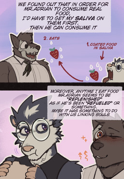 2_panel_comic anthro big_muscles big_pecs black_body black_fur black_text brown_body brown_fur clothed clothing duo eating eating_food food fruit fur huge_pecs internal_dialogue licking_food male muscular muscular_anthro muscular_male open_mouth orange_eyes pecs plant purple_eyes sandwich_(food) strawberry text king_slabu adrian_(king_slabu) nolan_(king_slabu) american_opossum canid canine canis domestic_dog mammal marsupial spirit virginia_opossum absurd_res comic digital_media_(artwork) english_text hi_res